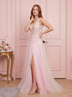 Blush Tulle A-Line V-Neck V-Back Floor-Length Dress with 3D floral appliques - Curvevia