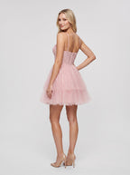 Blushing Pink Tulle A-Line Sweetheart Corset Back Mini Dress with Structured Corset Bodice - Curvevia