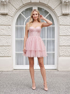 Blushing Pink Tulle A-Line Sweetheart Corset Back Mini Dress with Structured Corset Bodice - Curvevia