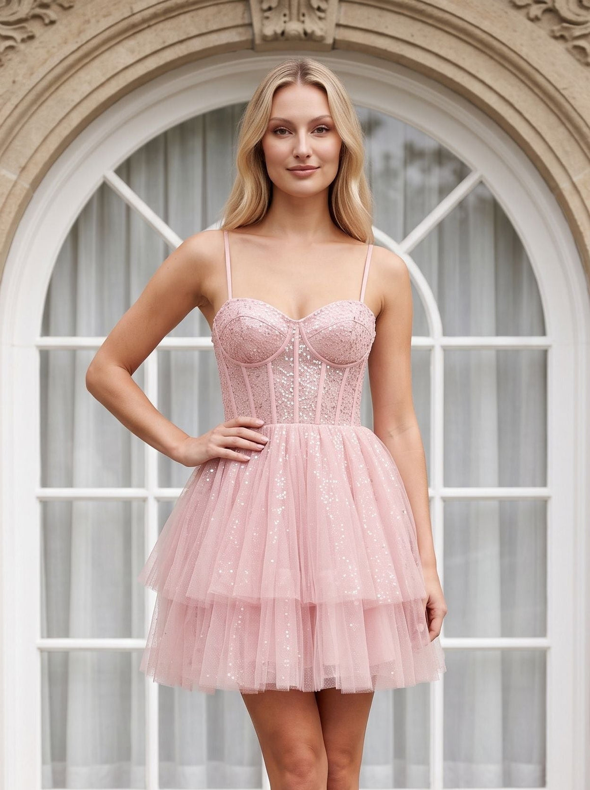 Blushing Pink Tulle A-Line Sweetheart Corset Back Mini Dress with Structured Corset Bodice - Curvevia