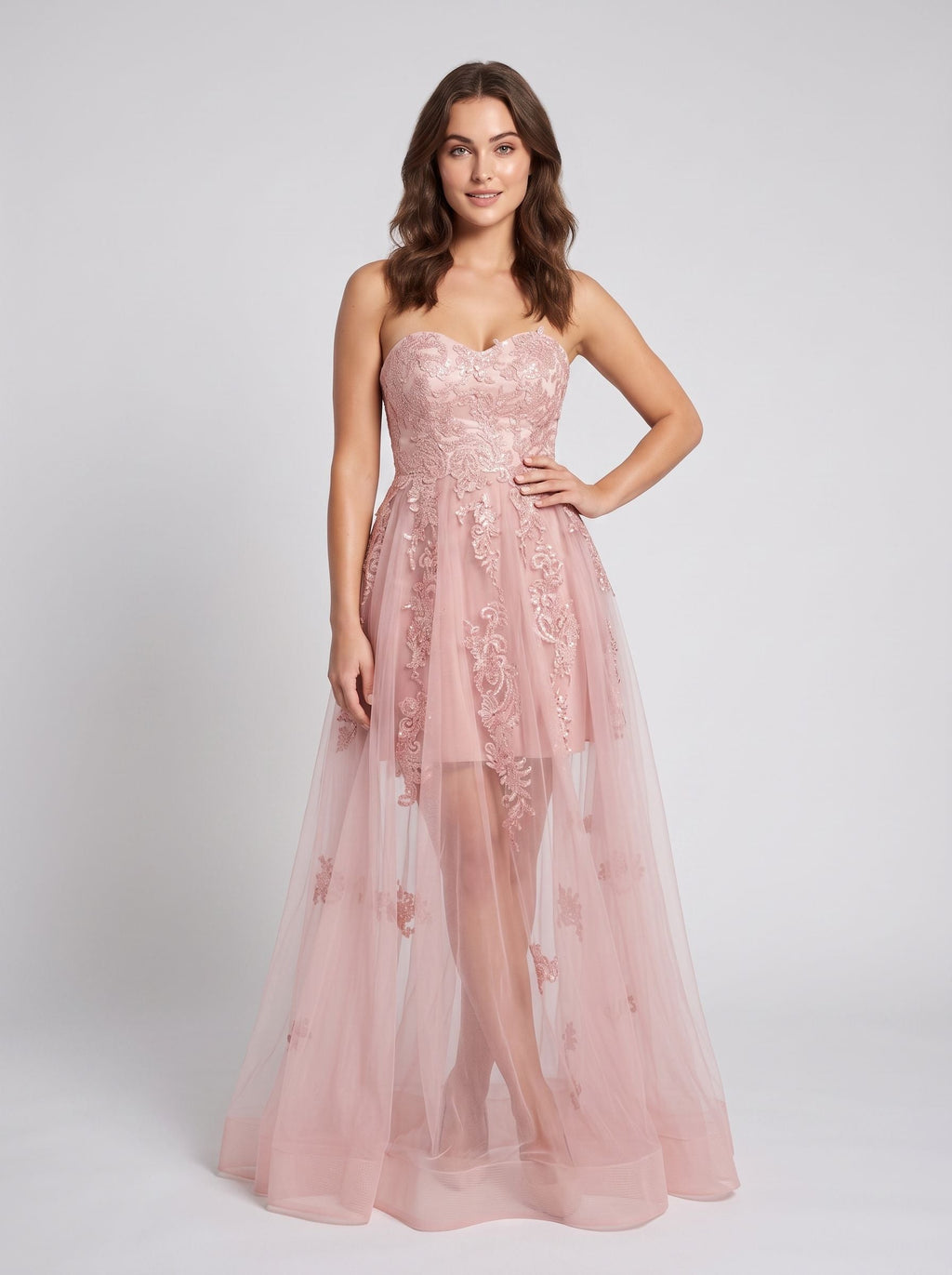 Blushing Pink Tulle A-Line Sweetheart Lace-up Floor-Length Dress with Floral Appliques - Curvevia
