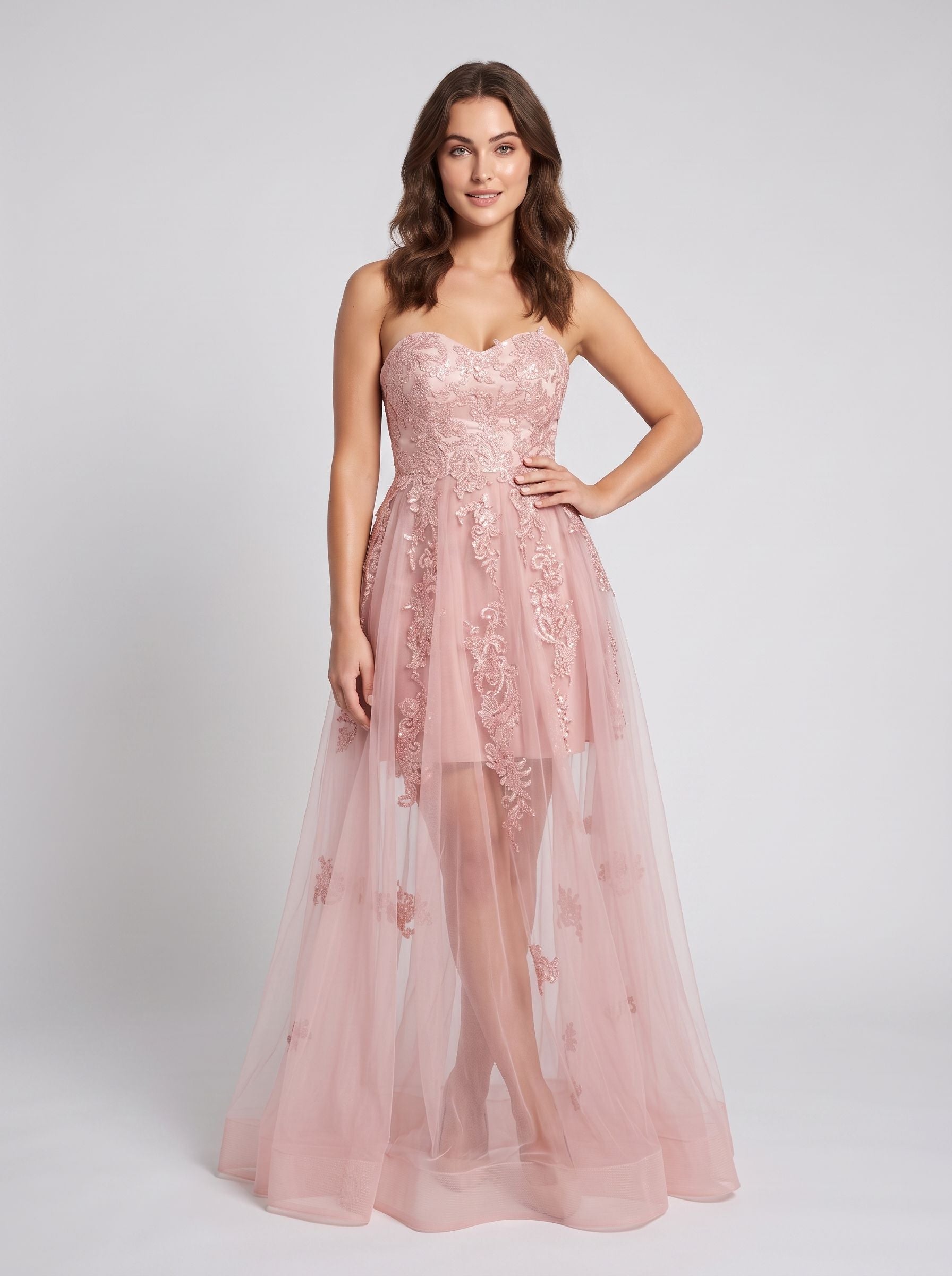 Blushing Pink Tulle A-Line Sweetheart Lace-up Floor-Length Dress with Floral Appliques - Curvevia