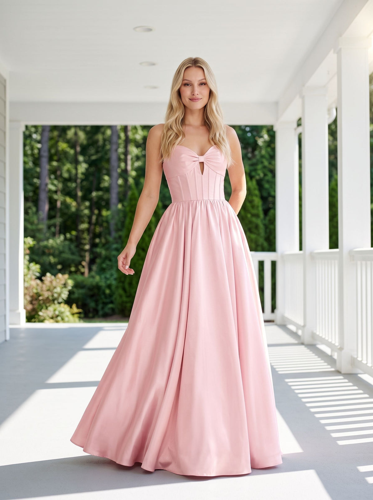 Blush Satin A-Line Sweetheart Corset Back Floor-Length Dress with delicate straps - Curvevia