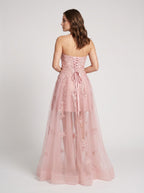 Blushing Pink Tulle A-Line Sweetheart Lace-up Floor-Length Dress with Floral Appliques - Curvevia