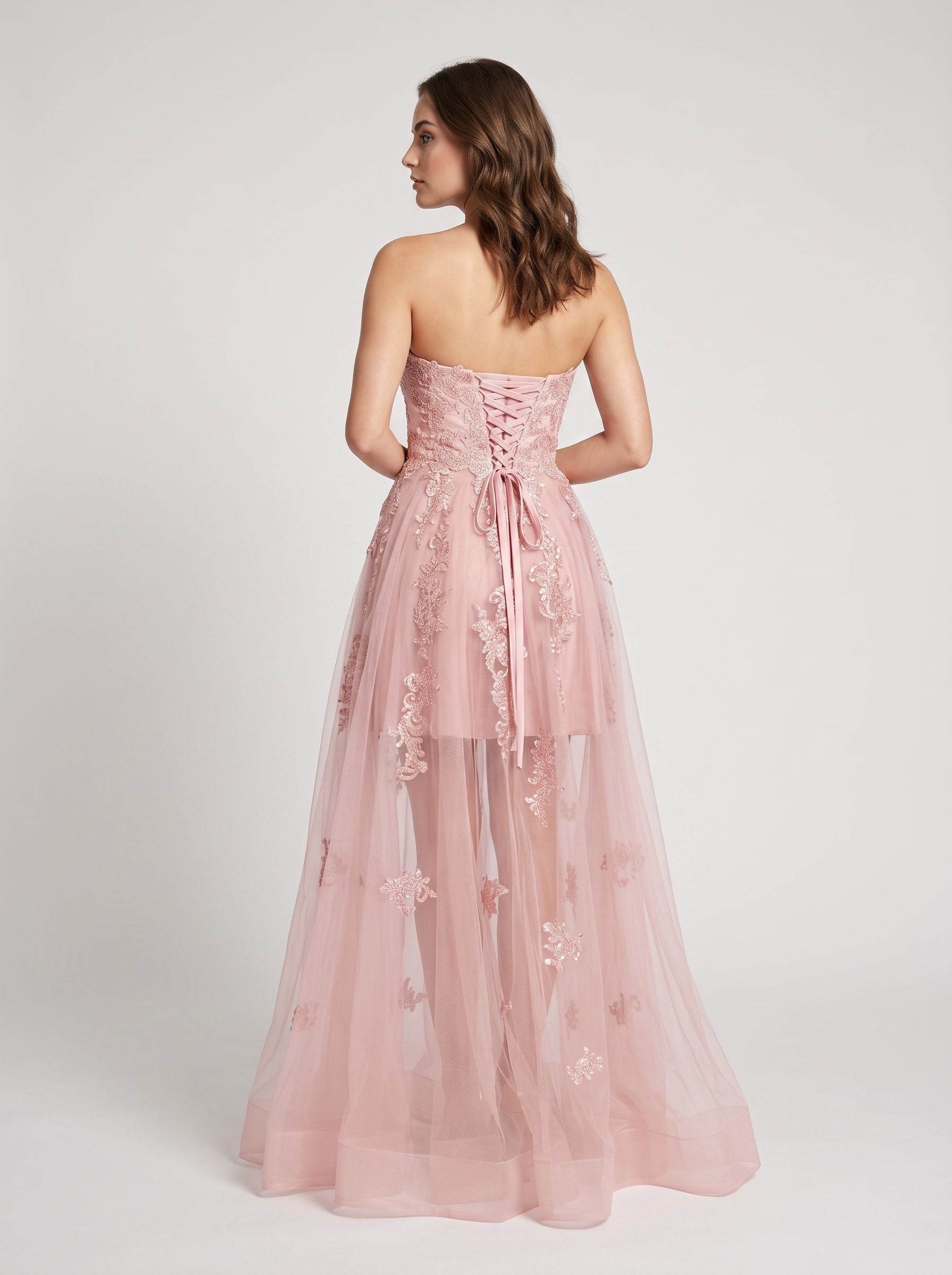 Blushing Pink Tulle A-Line Sweetheart Lace-up Floor-Length Dress with Floral Appliques - Curvevia