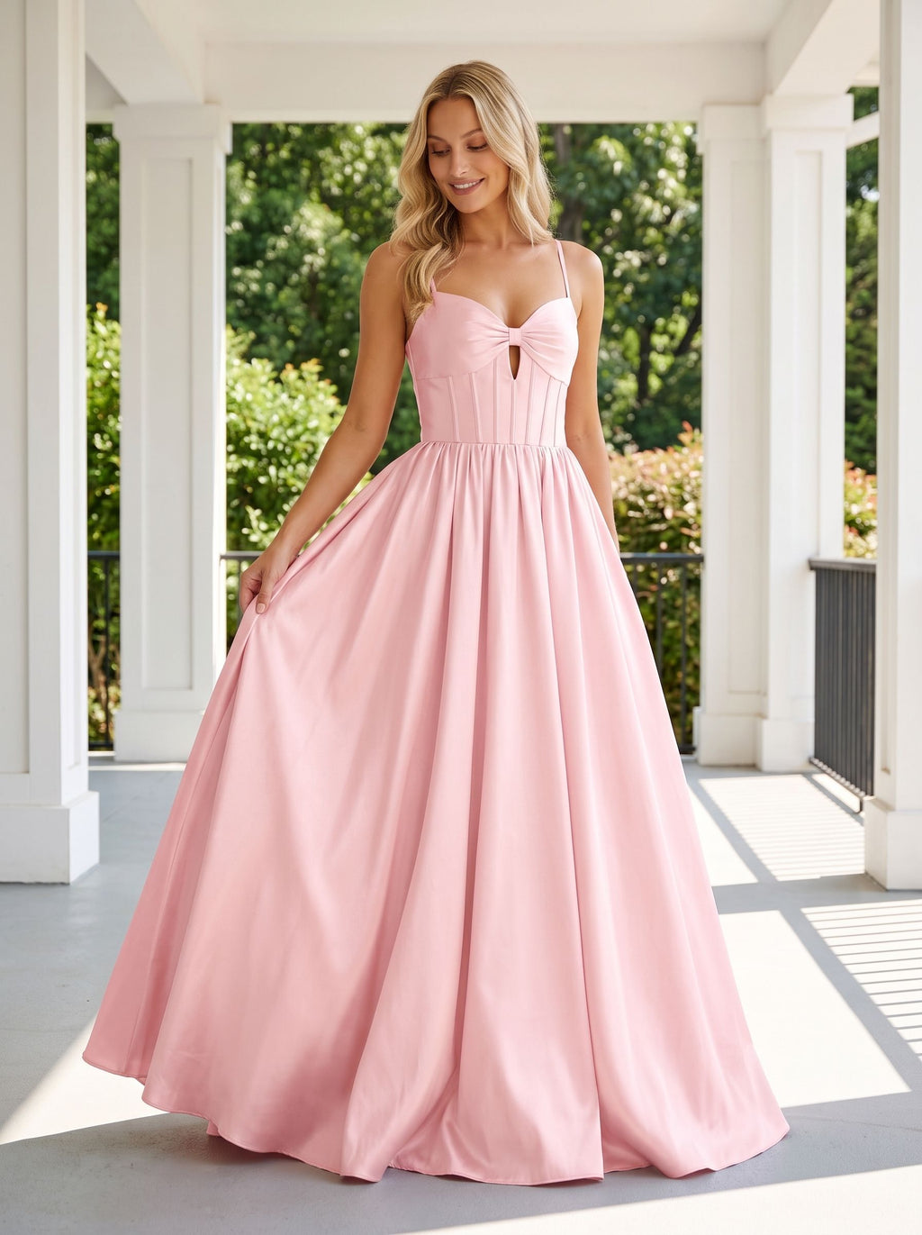Blush Satin A-Line Sweetheart Corset Back Floor-Length Dress with delicate straps - Curvevia
