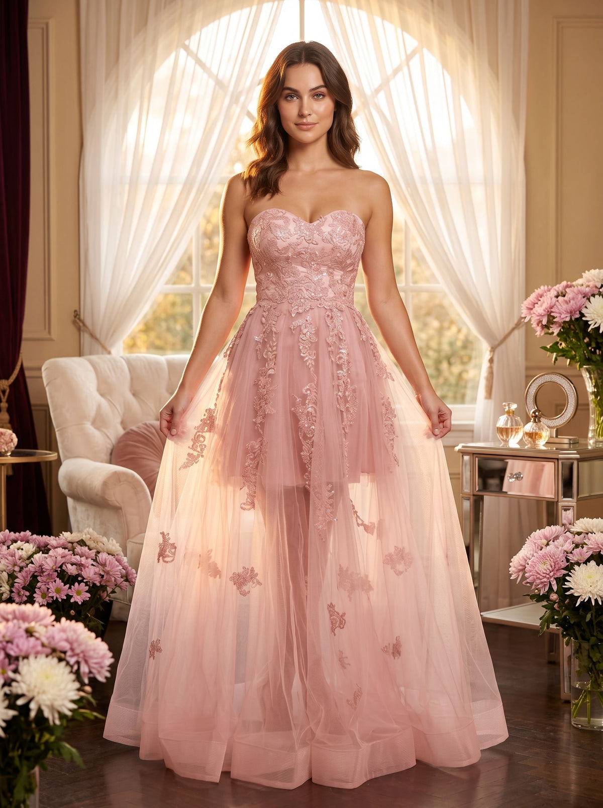 Blushing Pink Tulle A-Line Sweetheart Lace-up Floor-Length Dress with Floral Appliques - Curvevia