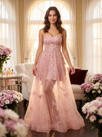 Blushing Pink Tulle A-Line Sweetheart Lace-up Floor-Length Dress with Floral Appliques - Curvevia
