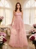 Blushing Pink Tulle A-Line Sweetheart Lace-up Floor-Length Dress with Floral Appliques - Curvevia