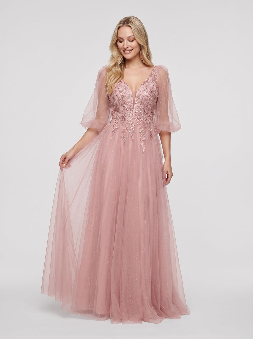 Blushing Pink Tulle A-Line V-Neck V-Back Floor-Length Dress with Lace Appliques & Voluminous Sleeves - Curvevia