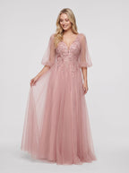 Blushing Pink Tulle A-Line V-Neck V-Back Floor-Length Dress with Lace Appliques & Voluminous Sleeves - Curvevia