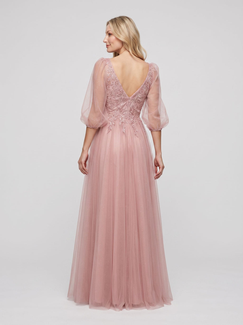 Blushing Pink Tulle A-Line V-Neck V-Back Floor-Length Dress with Lace Appliques & Voluminous Sleeves - Curvevia