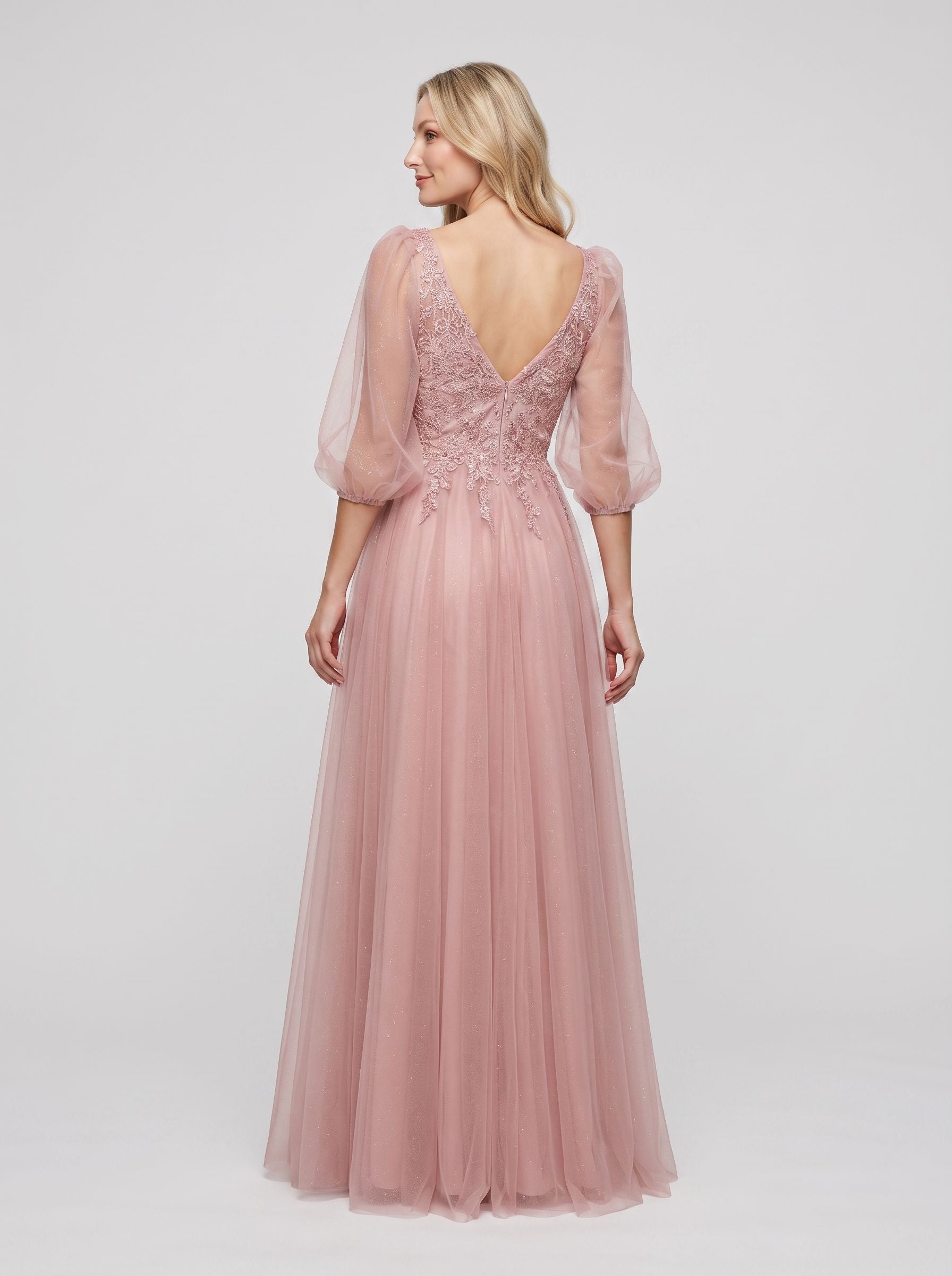 Blushing Pink Tulle A-Line V-Neck V-Back Floor-Length Dress with Lace Appliques & Voluminous Sleeves - Curvevia
