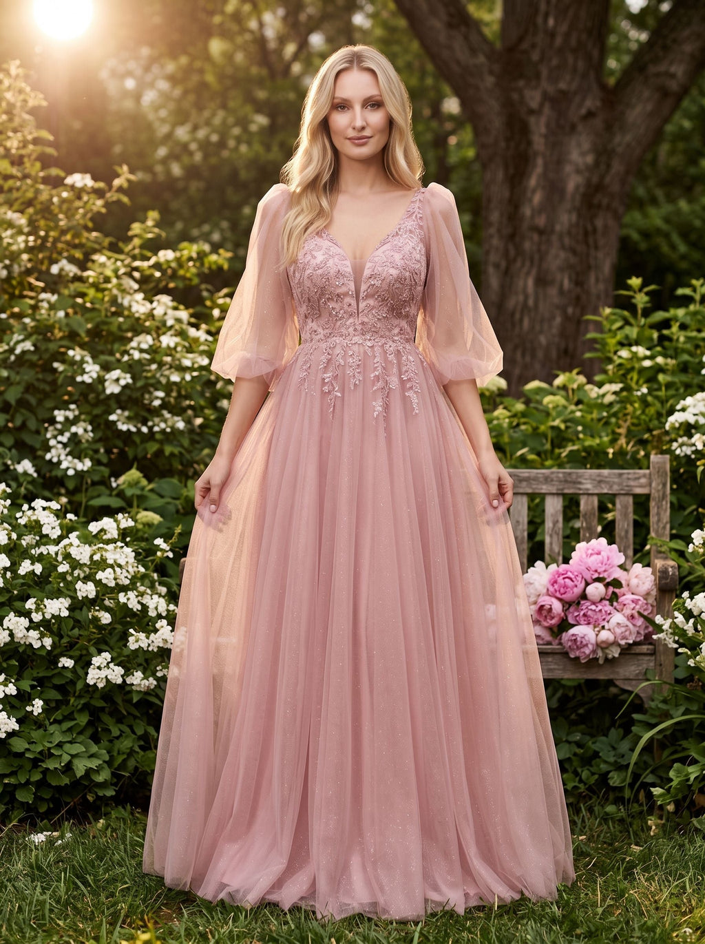 Blushing Pink Tulle A-Line V-Neck V-Back Floor-Length Dress with Lace Appliques & Voluminous Sleeves - Curvevia