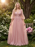Blushing Pink Tulle A-Line V-Neck V-Back Floor-Length Dress with Lace Appliques & Voluminous Sleeves - Curvevia