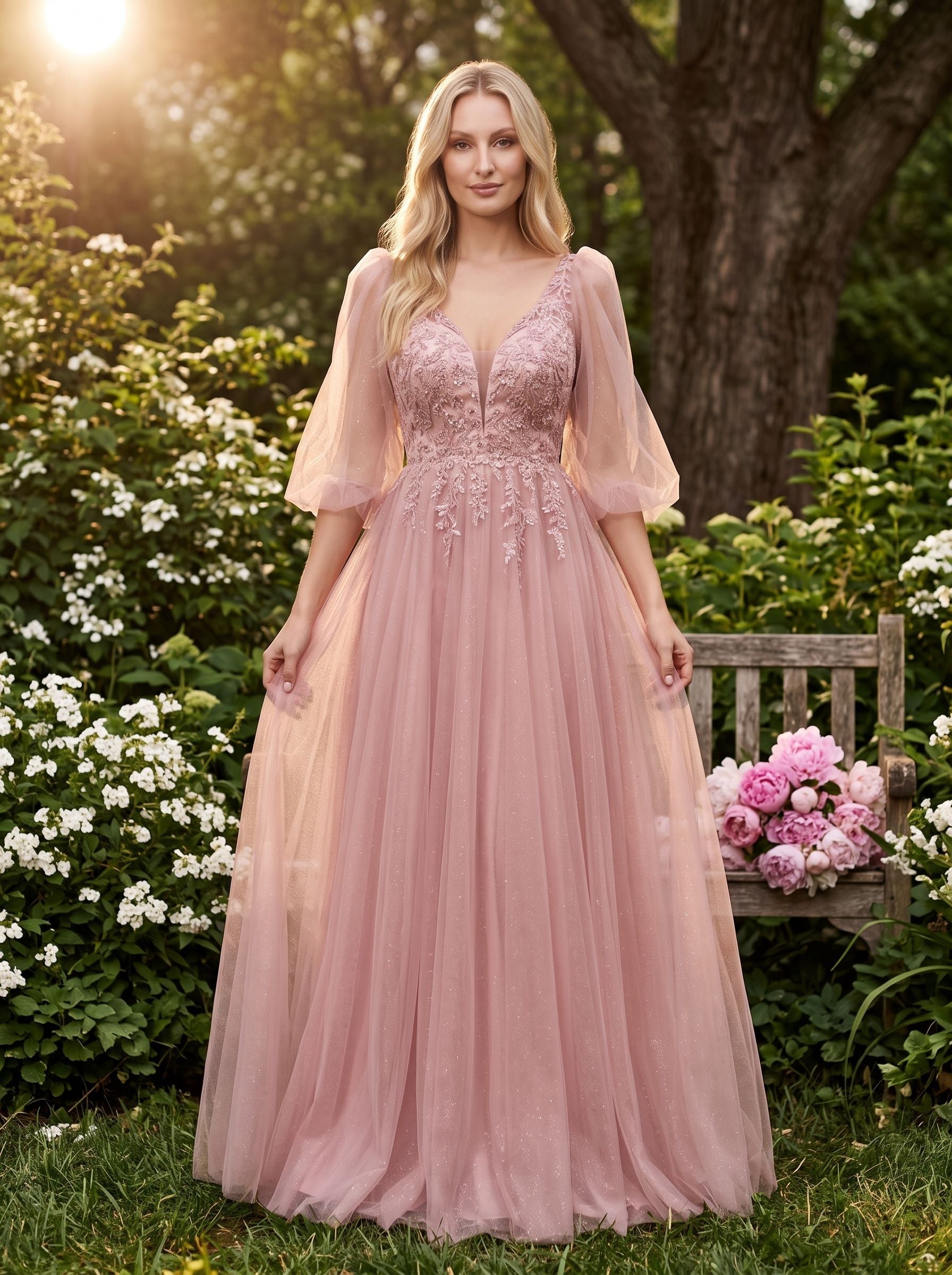 Blushing Pink Tulle A-Line V-Neck V-Back Floor-Length Dress with Lace Appliques & Voluminous Sleeves - Curvevia
