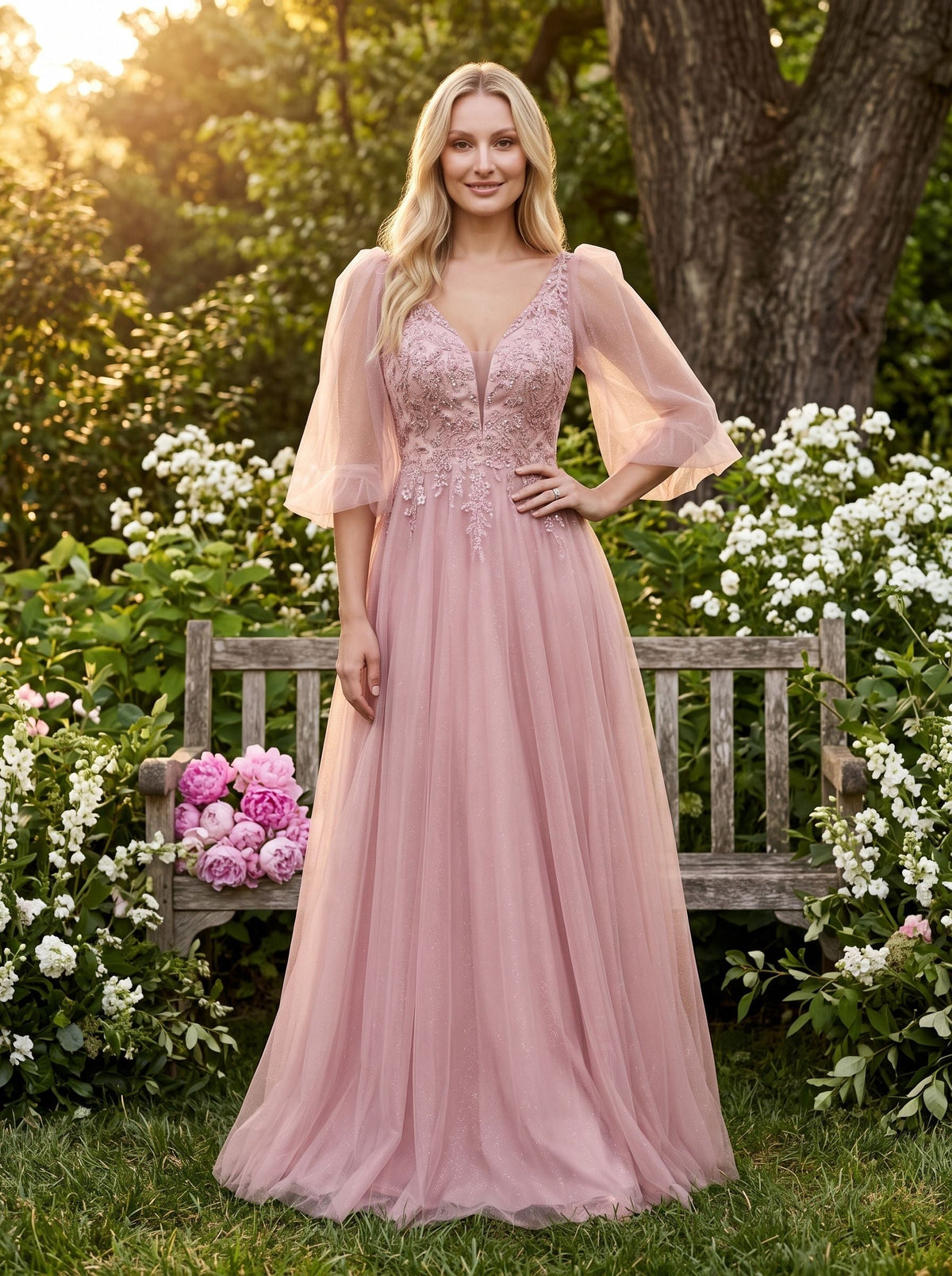 Blushing Pink Tulle A-Line V-Neck V-Back Floor-Length Dress with Lace Appliques & Voluminous Sleeves - Curvevia