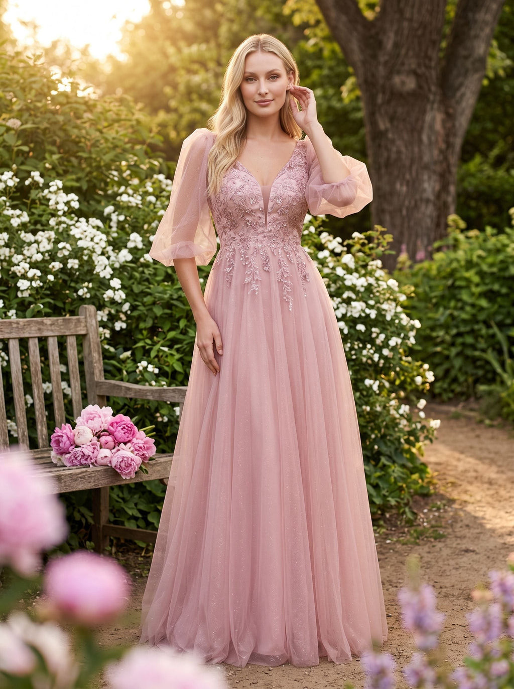 Blushing Pink Tulle A-Line V-Neck V-Back Floor-Length Dress with Lace Appliques & Voluminous Sleeves - Curvevia