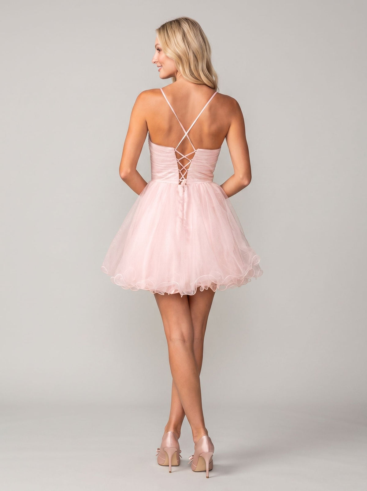 Blush Tulle A-Line V-Neck Lace-up Short Dress with Beaded Corset Bodice - Curvevia