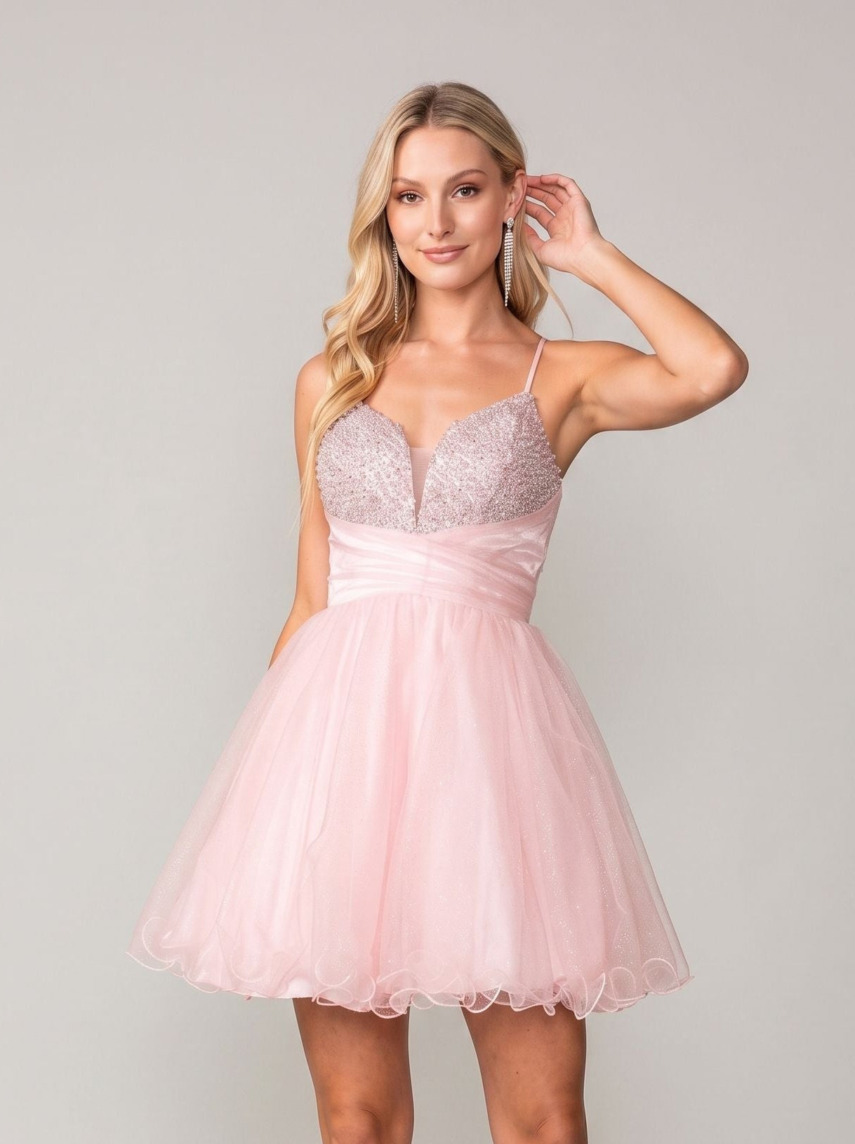 Blush Tulle A-Line V-Neck Lace-up Short Dress with Beaded Corset Bodice - Curvevia