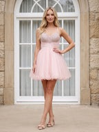 Blush Tulle A-Line V-Neck Lace-up Short Dress with Beaded Corset Bodice - Curvevia