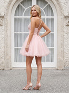 Blush Tulle A-Line V-Neck Lace-up Short Dress with Beaded Corset Bodice - Curvevia