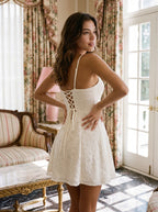 Ivory Lace A-Line Sweetheart Lace-up Short Dress with Glitter - Curvevia
