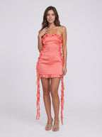 Coral Satin A-Line Straight Neck Side Zip Short Dress with Cascading Ruffles - Curvevia