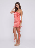 Coral Satin A-Line Straight Neck Side Zip Short Dress with Cascading Ruffles - Curvevia