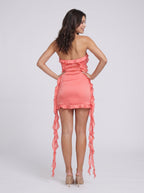 Coral Satin A-Line Straight Neck Side Zip Short Dress with Cascading Ruffles - Curvevia