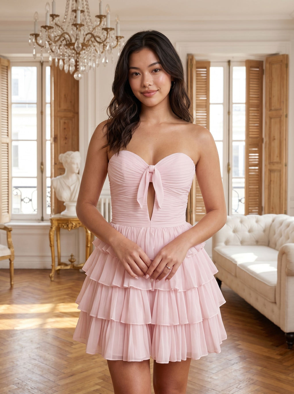 Blushing Pink Chiffon A-Line Sweetheart Back Zip Short Dress with Cascading Ruffles - Curvevia