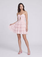 Blushing Pink Chiffon A-Line Sweetheart Back Zip Short Dress with Cascading Ruffles - Curvevia