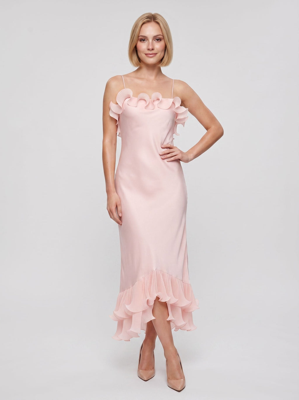 Blushing Pink Satin Sheath Straight Neck Backless Floor-Length Dress with Accordion Pleats - Curvevia