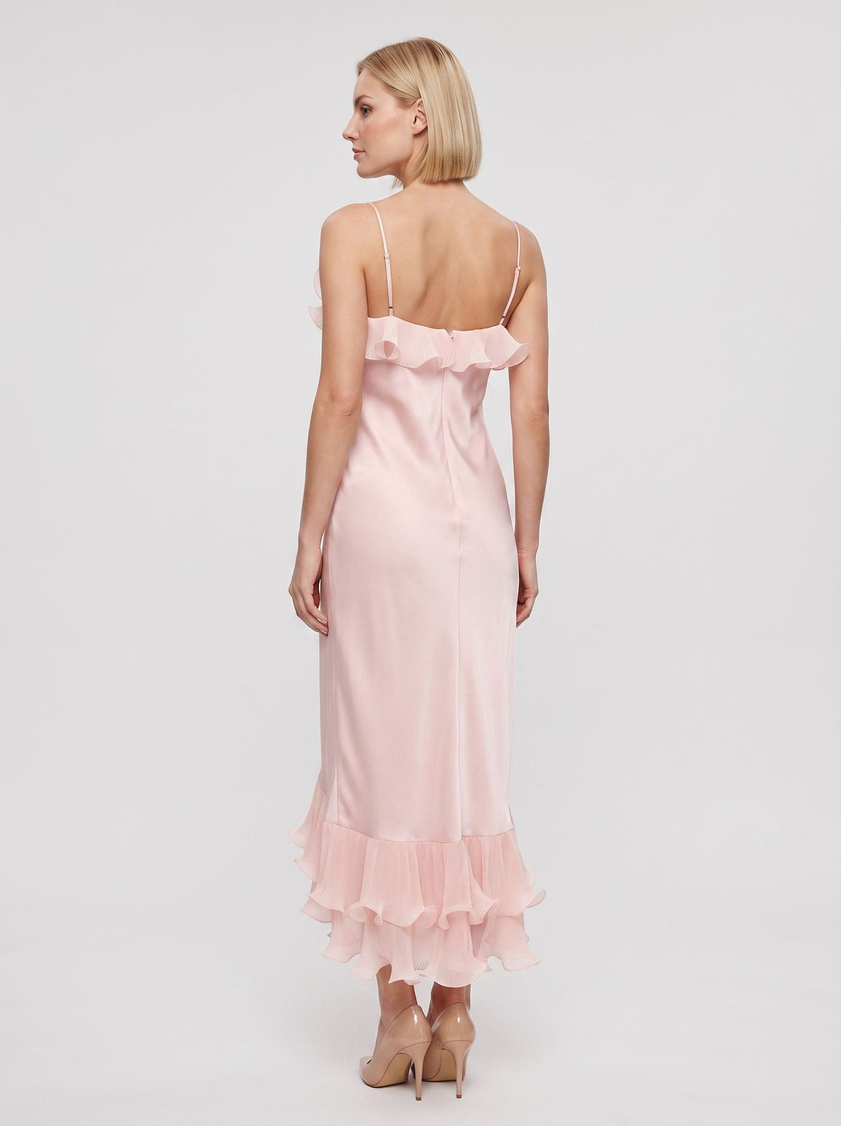 Blushing Pink Satin Sheath Straight Neck Backless Floor-Length Dress with Accordion Pleats - Curvevia