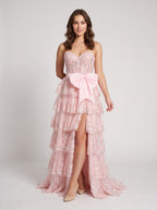 Blushing Pink Sequins A-Line Sweetheart Back Zip Floor-Length Dress with Tiered Skirt - Curvevia