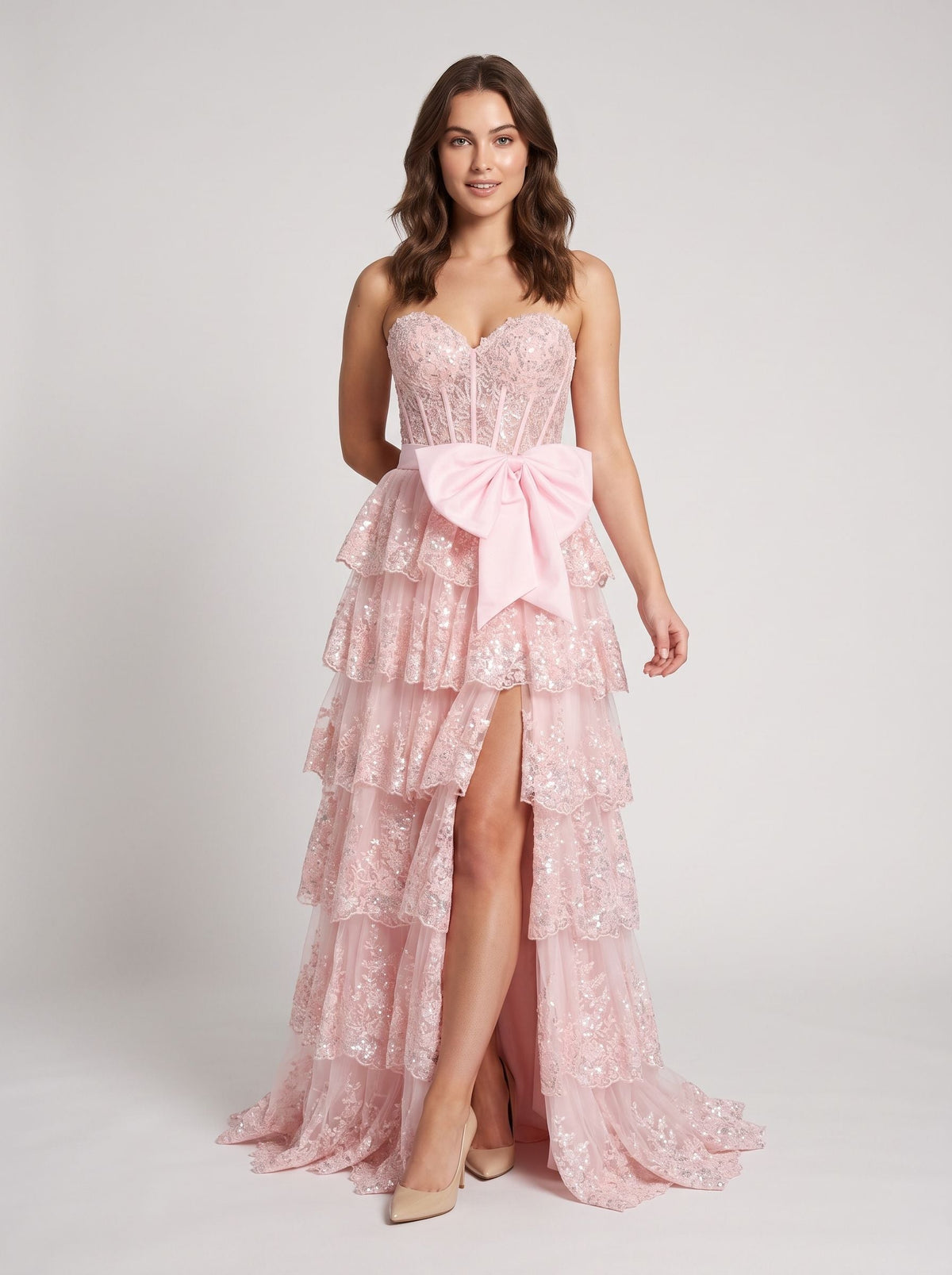 Blushing Pink Sequins A-Line Sweetheart Back Zip Floor-Length Dress with Tiered Skirt - Curvevia