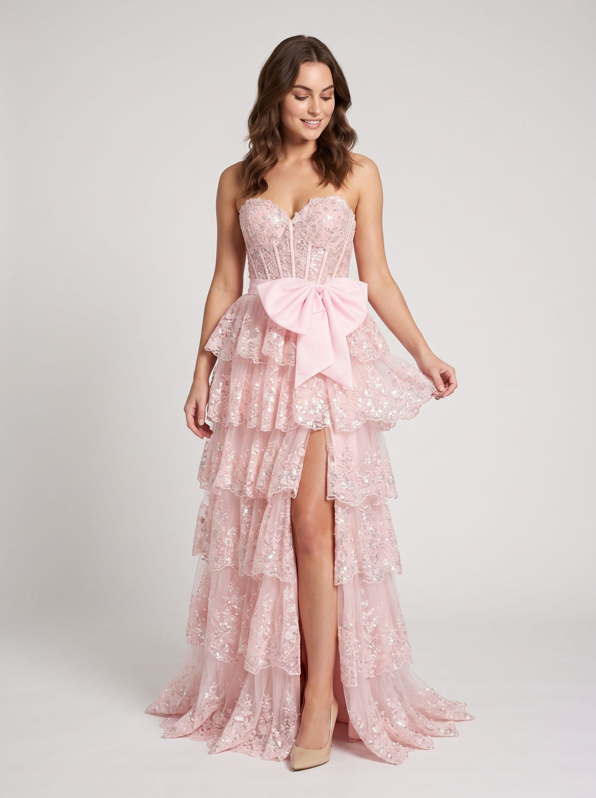 Blushing Pink Sequins A-Line Sweetheart Back Zip Floor-Length Dress with Tiered Skirt - Curvevia