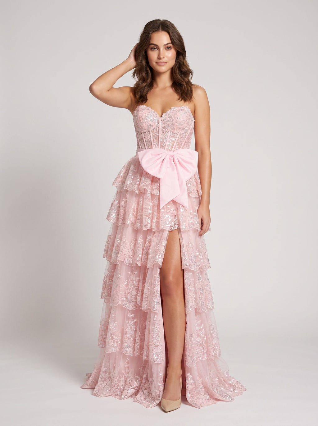 Blushing Pink Sequins A-Line Sweetheart Back Zip Floor-Length Dress with Tiered Skirt - Curvevia