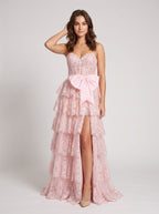 Blushing Pink Sequins A-Line Sweetheart Back Zip Floor-Length Dress with Tiered Skirt - Curvevia
