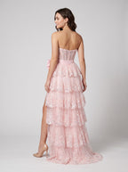 Blushing Pink Sequins A-Line Sweetheart Back Zip Floor-Length Dress with Tiered Skirt - Curvevia