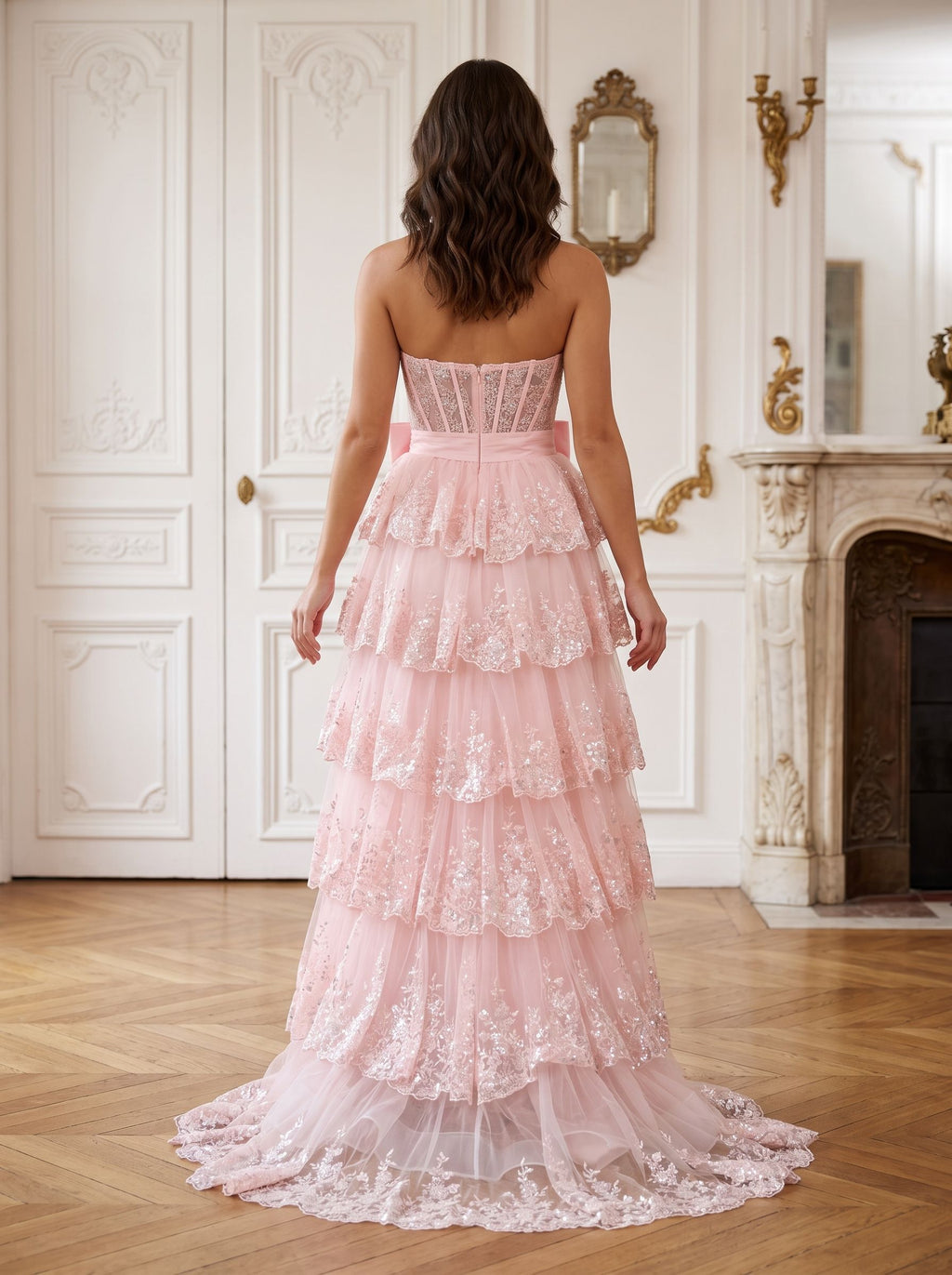 Blushing Pink Sequins A-Line Sweetheart Back Zip Floor-Length Dress with Tiered Skirt - Curvevia