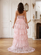 Blushing Pink Sequins A-Line Sweetheart Back Zip Floor-Length Dress with Tiered Skirt - Curvevia