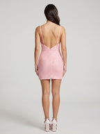 Blushing Pink Sequins Sheath Cowl Neck Back Zip Short Dress with Ruched Straps - Curvevia