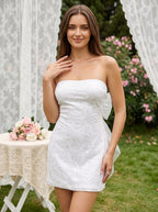 White Sequins Sheath Straight Neck Bow Short Dress with Chiffon Tie - Curvevia