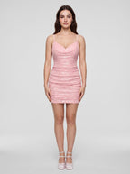 Blushing Pink Sequins Sheath Cowl Neck Back Zip Short Dress with Ruched Straps - Curvevia