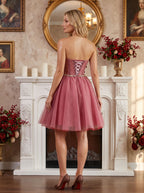 Pink Tulle A-Line Sweetheart Criss-Cross Straps Short Dress with 3D Flowers - Curvevia