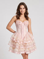Blushing Pink Tulle A-Line Sweetheart Lace-up Short Dress with Ruffles - Curvevia