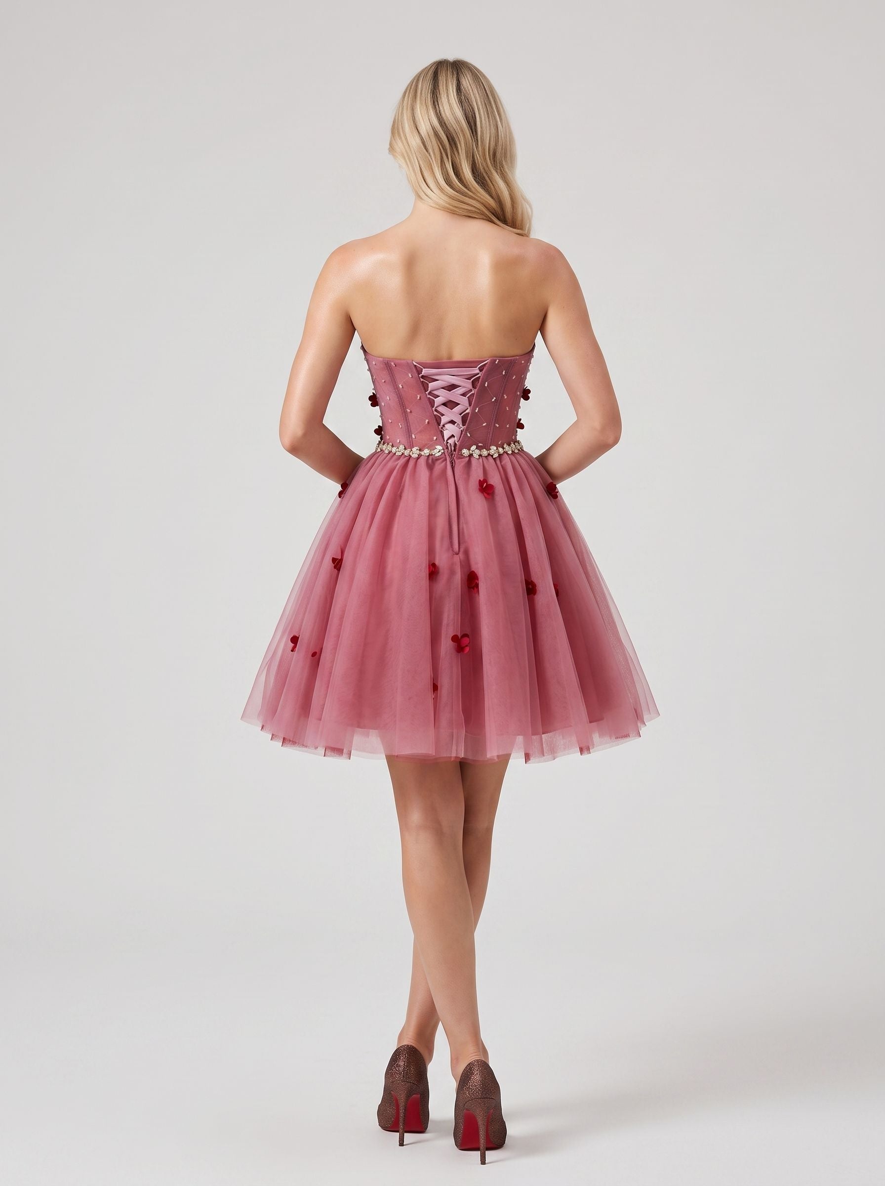 Pink Tulle A-Line Sweetheart Criss-Cross Straps Short Dress with 3D Flowers - Curvevia
