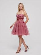 Pink Tulle A-Line Sweetheart Criss-Cross Straps Short Dress with 3D Flowers - Curvevia