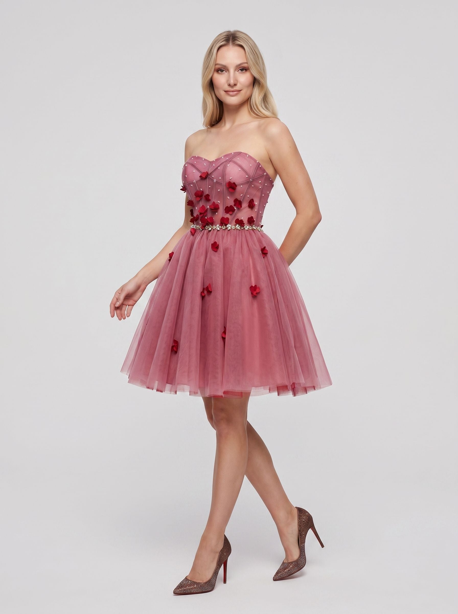 Pink Tulle A-Line Sweetheart Criss-Cross Straps Short Dress with 3D Flowers - Curvevia